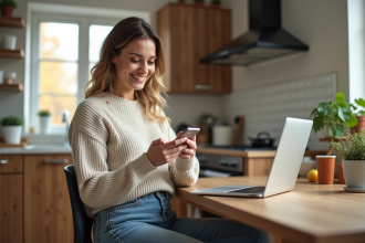 Femme souriante travaillant à la maison avec ordinateur et smartphone