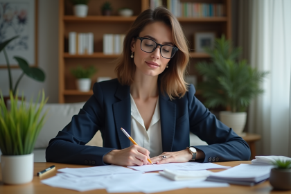 Femme professionnelle en costume navy travaillant à domicile
