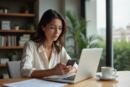 Femme d'&acirc;ge moyen travaillant sur son ordinateur dans la cuisine