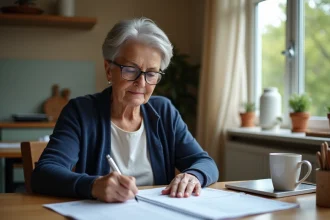 Femme retraitée vérifiant son calendrier de paiement de pension d'invalidité sur des relevés bancaires à domicile