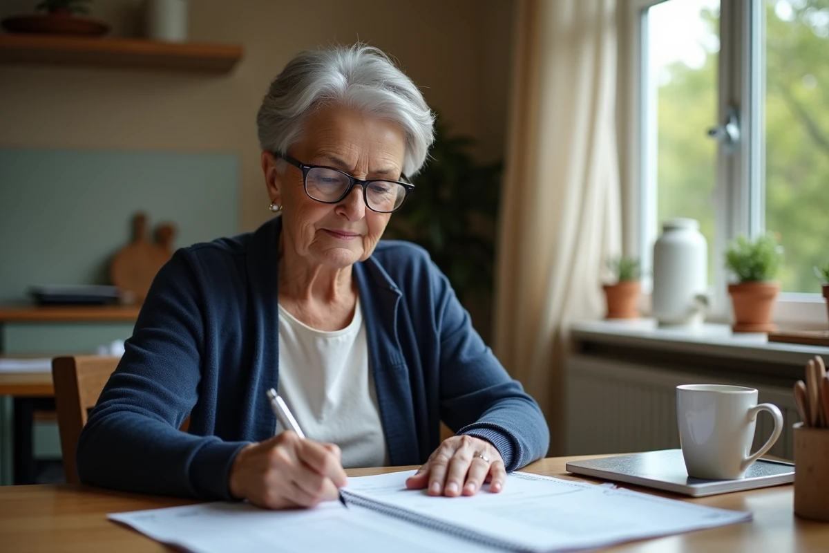 Femme retraitée vérifiant son calendrier de paiement de pension d'invalidité sur des relevés bancaires à domicile