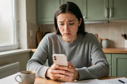 Jeune femme vérifiant un virement en attente sur son application bancaire Nickel depuis son smartphone un vendredi soir