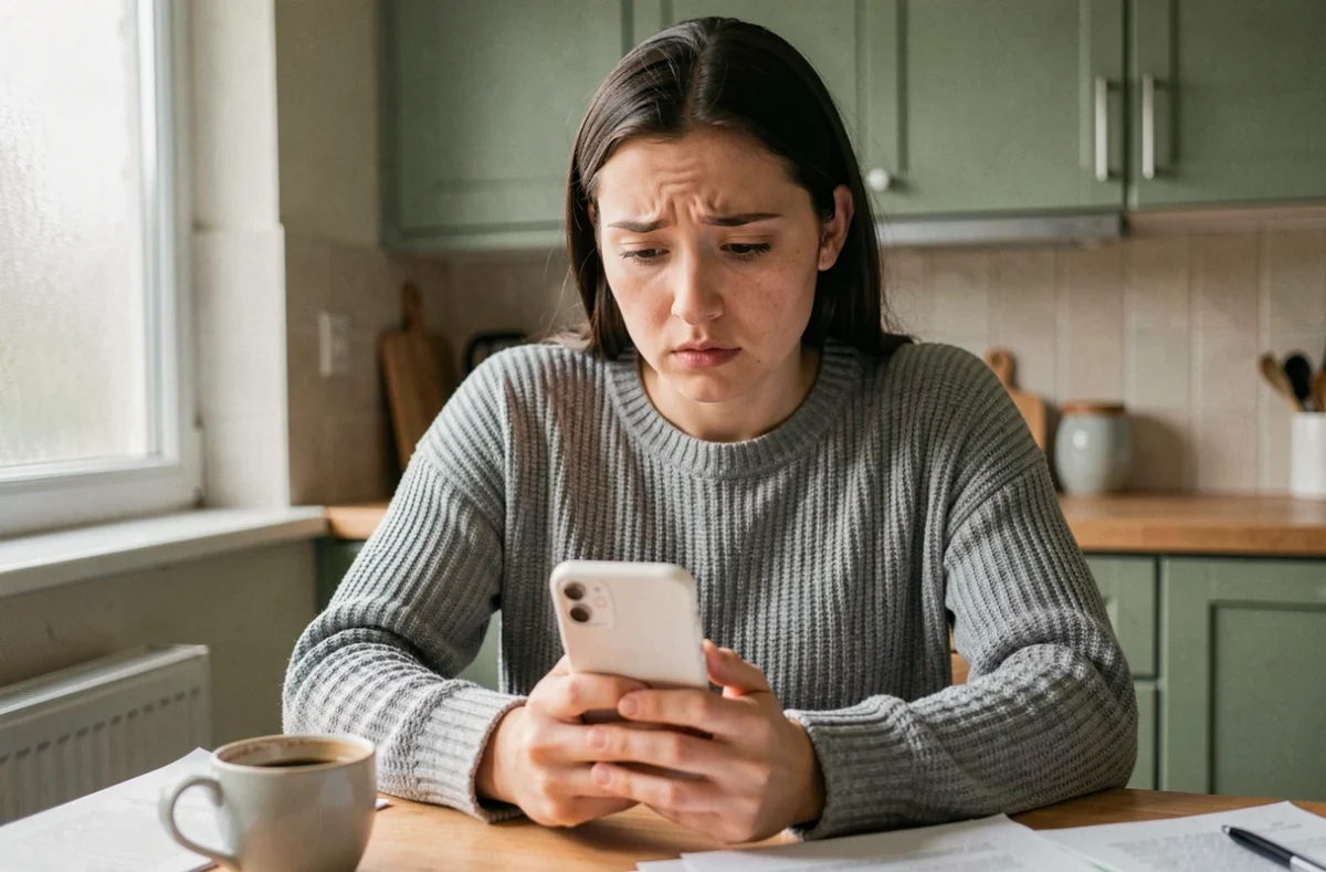 Jeune femme vérifiant un virement en attente sur son application bancaire Nickel depuis son smartphone un vendredi soir