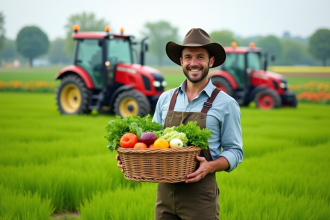 Fermeur heureux avec panier de légumes frais récoltés
