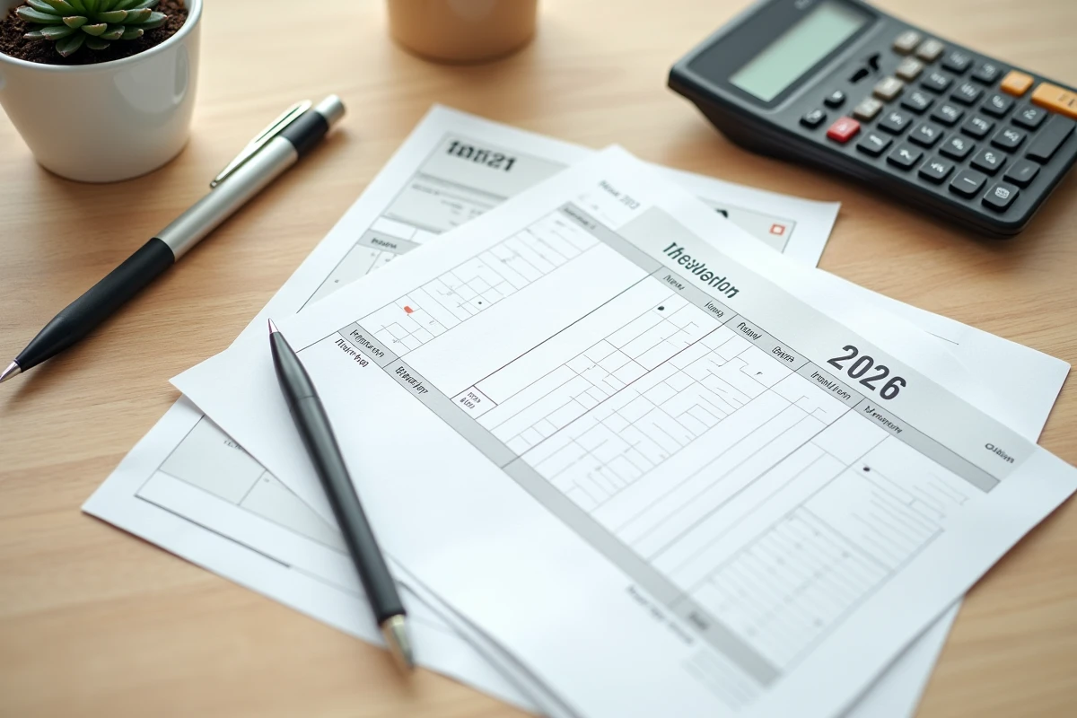 Vue aérienne d'un bureau avec fiche de paie, calendrier 2026 et jours fériés marqués pour un enseignant