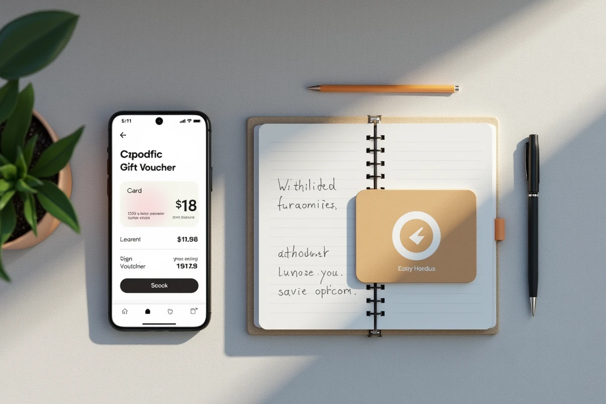Vue aérienne d'un chèque Cadhoc, smartphone avec panier d'achat et notes d'économies sur un bureau minimaliste