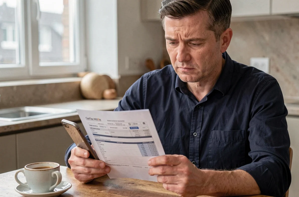 Homme consultant le formulaire Cerfa 3916 bis avec application Wise sur smartphone pour déclarer un compte étranger