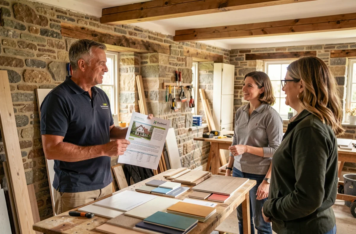 Un courtier de France Direct Habitat Énergie discute d'un financement travaux avec un couple dans une ferme normande en rénovation