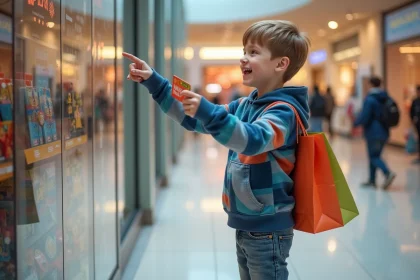 Jeune gar&ccedil;on souriant tenant une carte cadeau dans un centre commercial