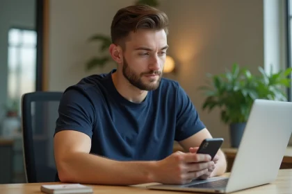 Homme gérant sa facture Free mobile et Freebox depuis un ordinateur portable et un smartphone sur son bureau à domicile