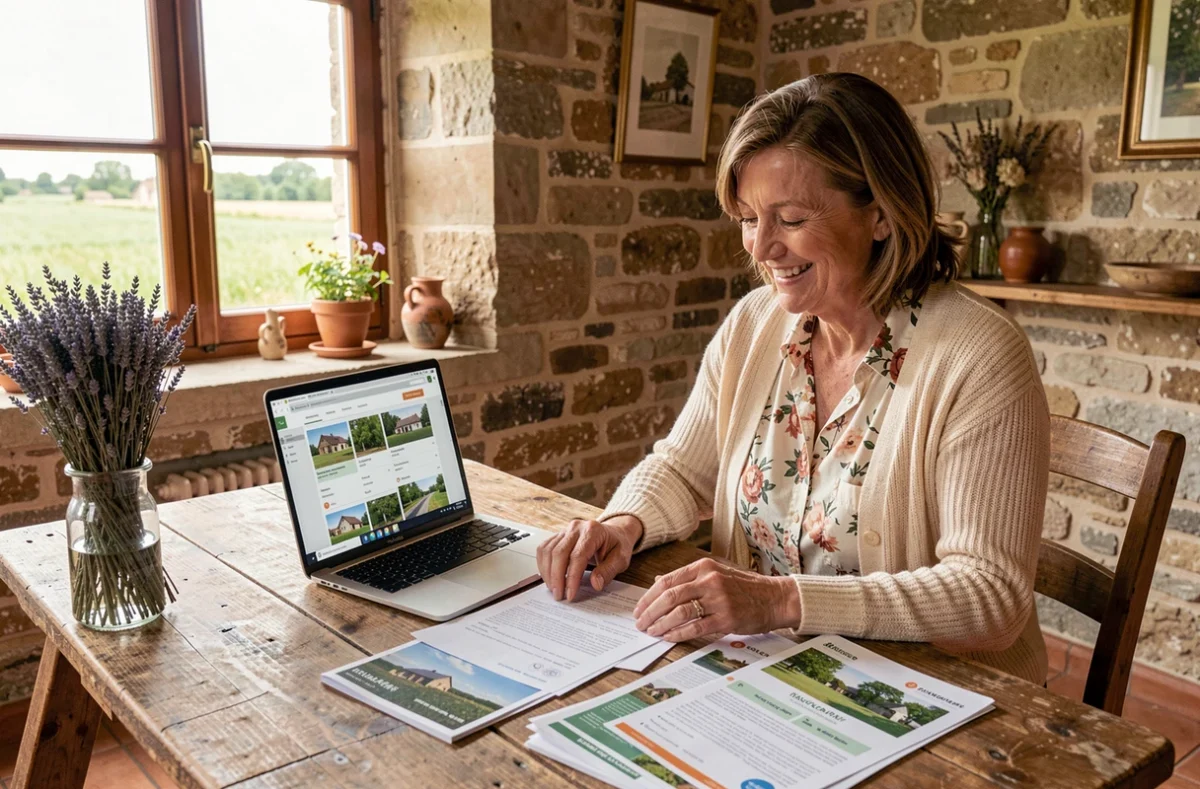 Spécialiste des Gîtes de France Oise consultant des documents de location touristique dans une ferme rénovée de l'Oise