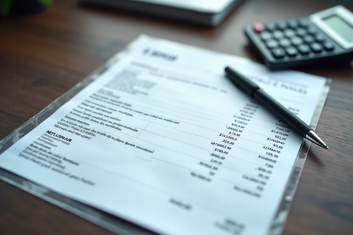 Gros plan d'un bulletin de paie français sur un bureau avec calculatrice et stylo, détail des lignes de cotisations pour 1800 euros bruts