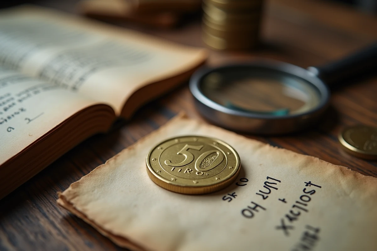 Gros plan d'une pièce de 50 centimes rare posée sur une table en bois avec loupe et catalogue numismatique