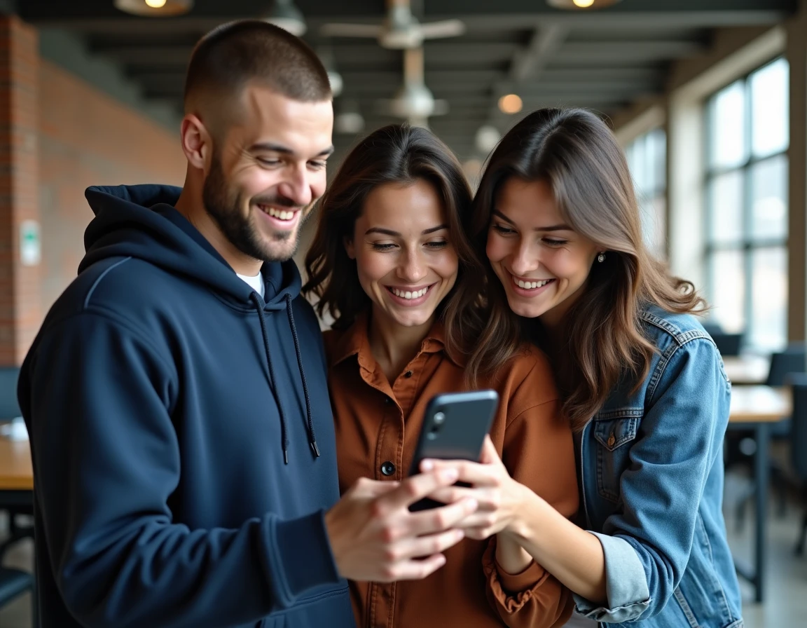Groupe de personnes consultant ensemble les résultats d'une collecte de dons solidaire sur smartphone