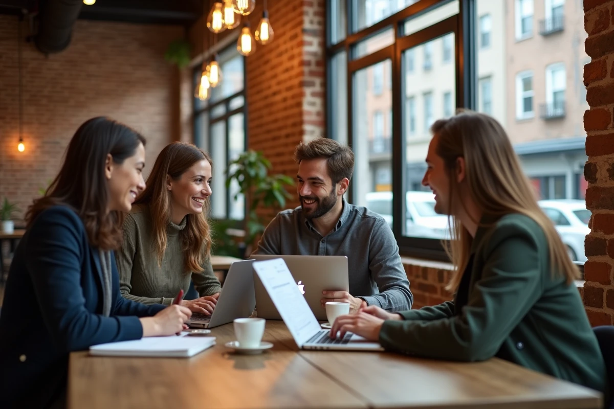 Groupe de collègues planifiant une cagnotte collective pour un pot de départ dans un espace de coworking