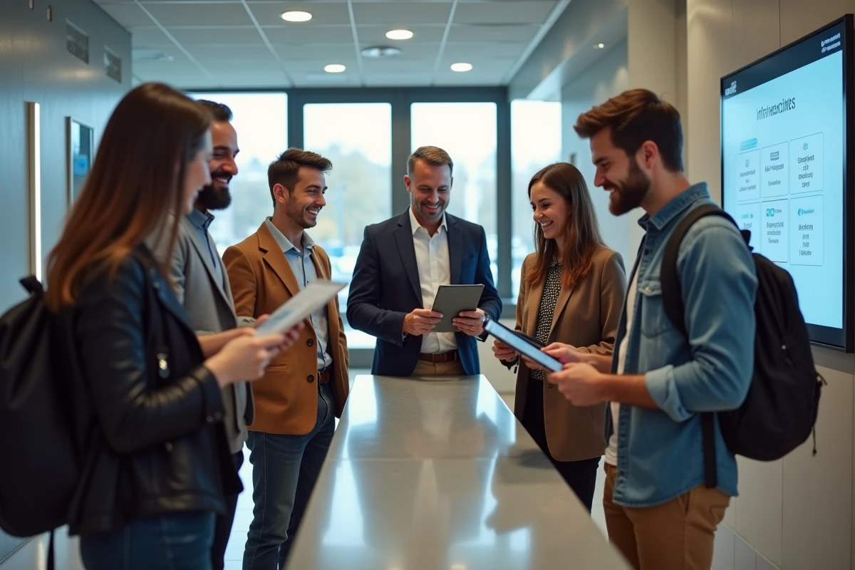 Groupe diversifié discutant à un point d