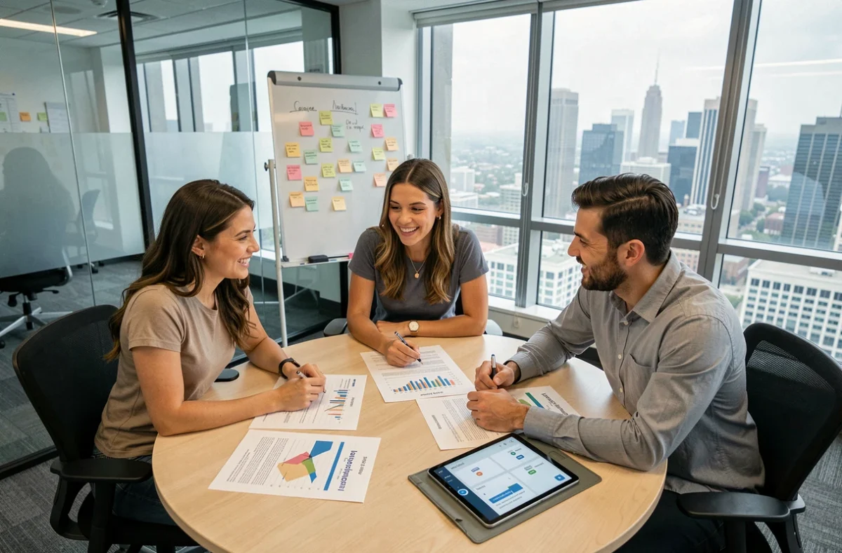 Groupe d'entrepreneurs discutant des avantages de l'assurance Qlara autour d'une table de réunion dans un bureau de startup