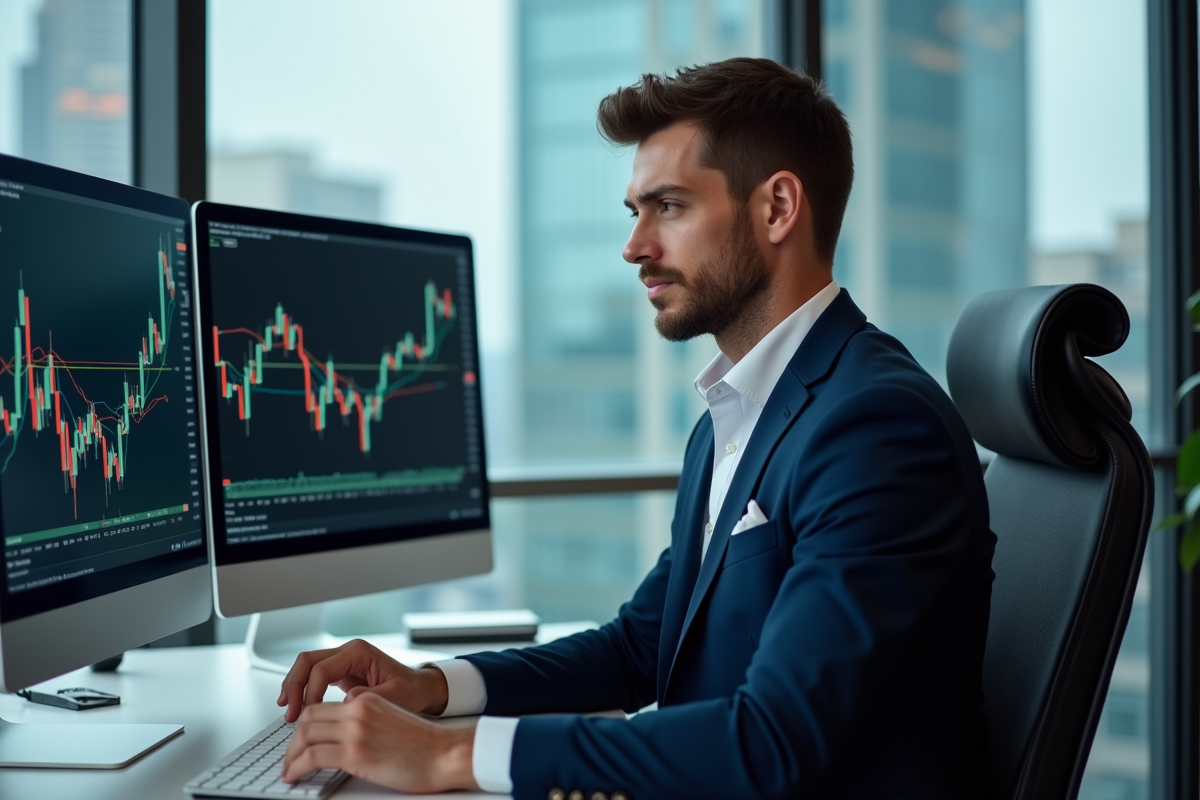 Jeune homme d'affaires analysant des graphiques Nasdaq