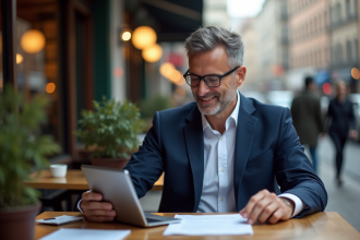 Homme d'affaires en costume dans un café urbain