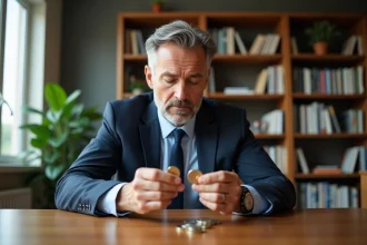 Homme d'affaires examine deux pièces en or et argent