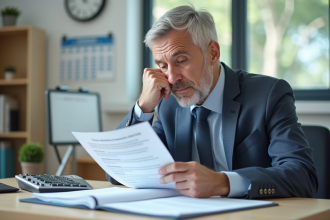 Un homme d'affaires mature examine des documents d'assurance dans un bureau lumineux