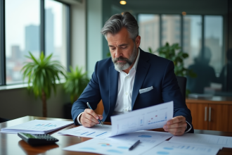 Homme d'affaires en costume bleu dans un bureau moderne
