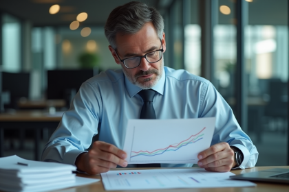 Homme d'affaires analysant un graphique en baisse dans un bureau