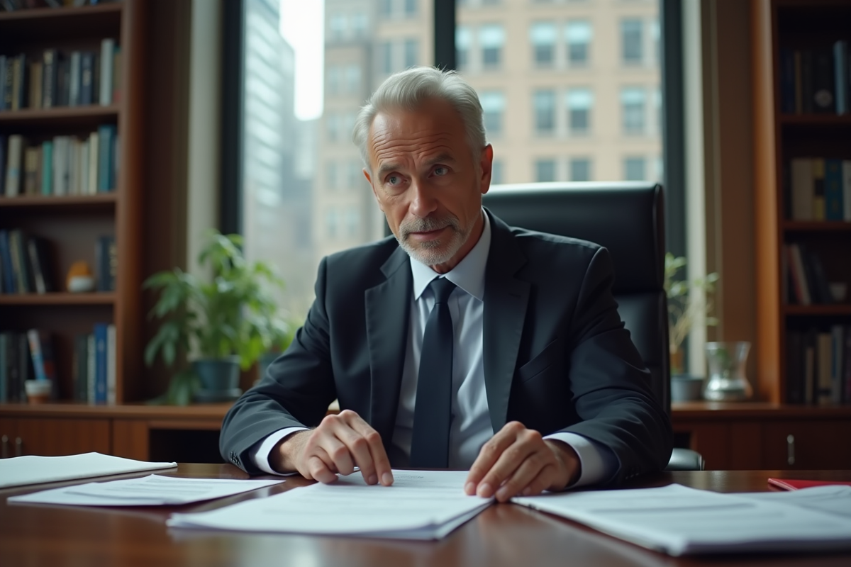 Homme d'affaires en costume lit des documents fiscaux