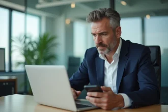 Homme d'affaires sérieux utilisant un ordinateur dans un bureau moderne