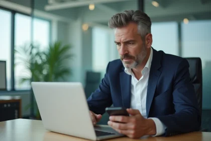 Homme d'affaires s&eacute;rieux utilisant un ordinateur dans un bureau moderne