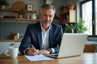 Homme d affaires en costume signe un document dans une cuisine moderne