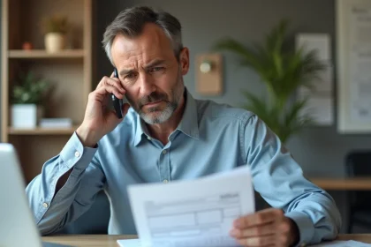 Homme d'affaires au bureau regardant son t&eacute;l&eacute;phone