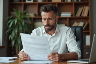 Homme stressé lisant une amende injuste à son bureau à domicile