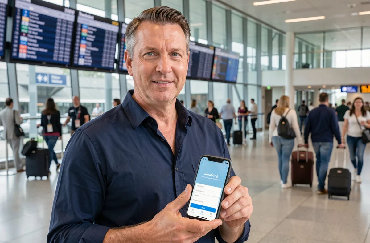 Homme consultant une application bancaire sur smartphone dans un aéroport international avant un voyage à l'étranger
