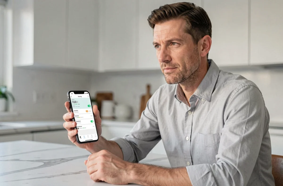 Homme vérifiant ses versements mensuels sur une application bancaire pour son Livret A depuis sa cuisine