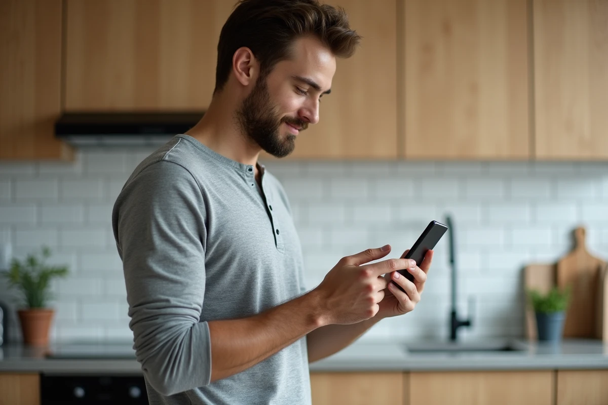 Homme utilisant une application bancaire mobile sécurisée sur smartphone dans une cuisine moderne