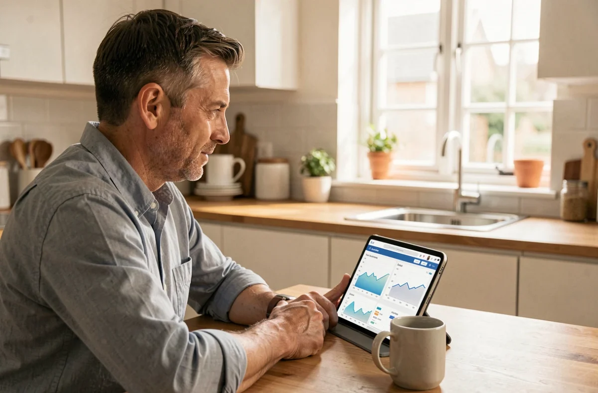 Homme consultant ses services bancaires CMB via une tablette numérique dans une cuisine moderne, représentant l'accès simplifié à domiwebcmb depuis chez soi