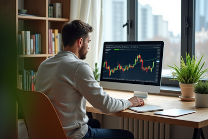 Homme en sweater lisant des graphiques boursiers dans un bureau lumineux