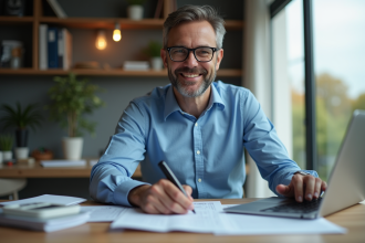 Homme en bureau moderne avec documents financiers