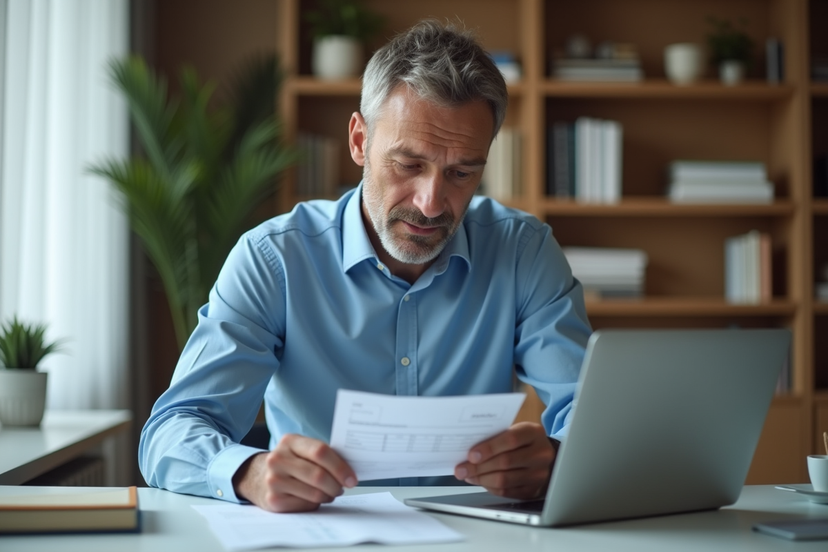 Homme d'âge moyen regardant sa fiche de paie sur un ordinateur