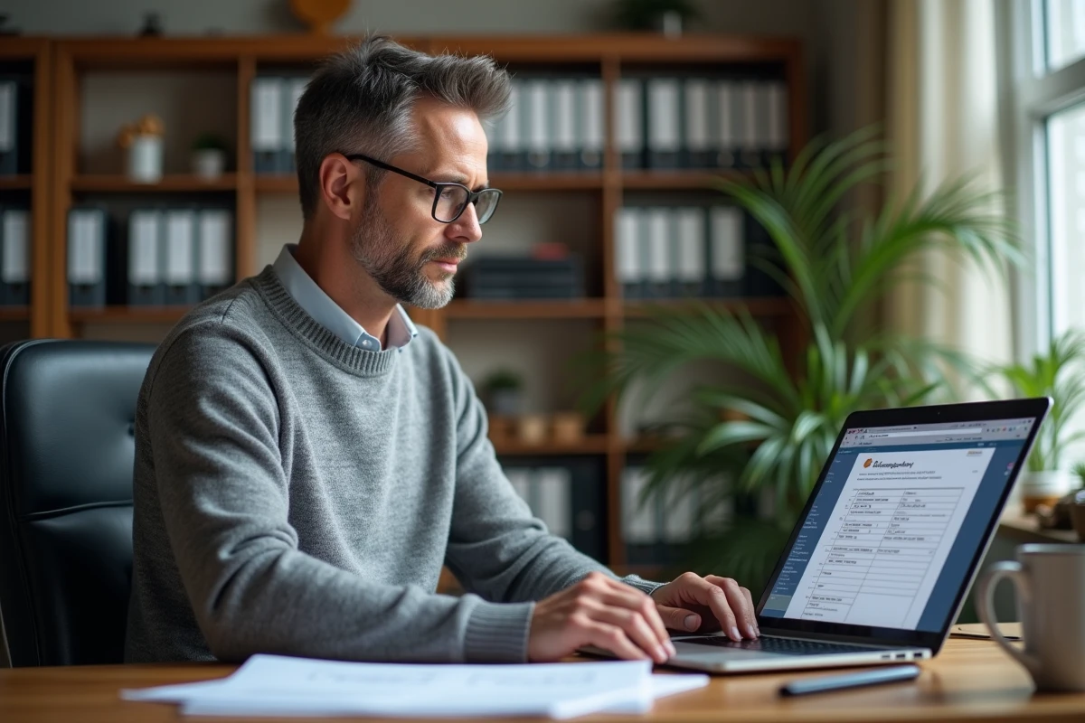 Homme au bureau à domicile consultant le site de la CAF sur ordinateur portable pour vérifier les dates de versement des allocations