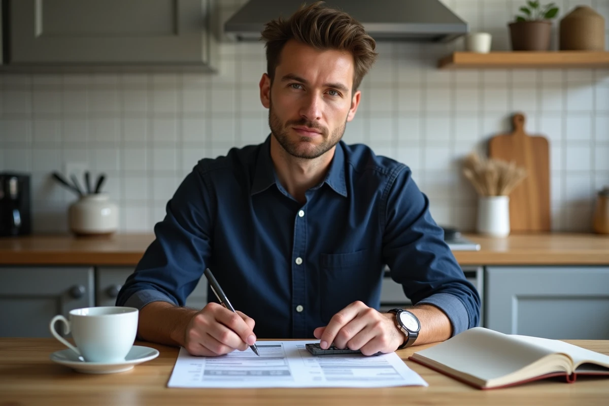 Homme calculant sa fiche de paie à domicile avec un carnet de notes, comprendre la conversion 1800 euros bruts en salaire net