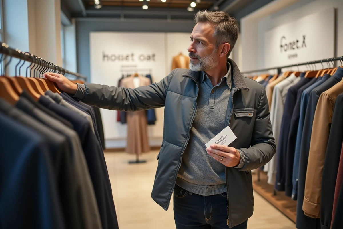 Homme utilisant un chèque Kadéos Infini dans une enseigne de prêt-à-porter en France