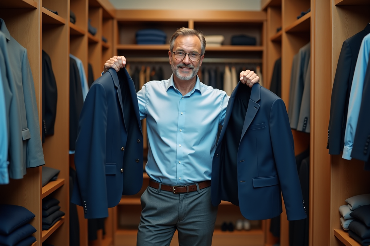 Homme en tenue business casual comparant vestes dans son dressing