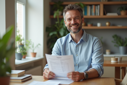 Homme d'âge moyen souriant en lisant un rapport de crédit