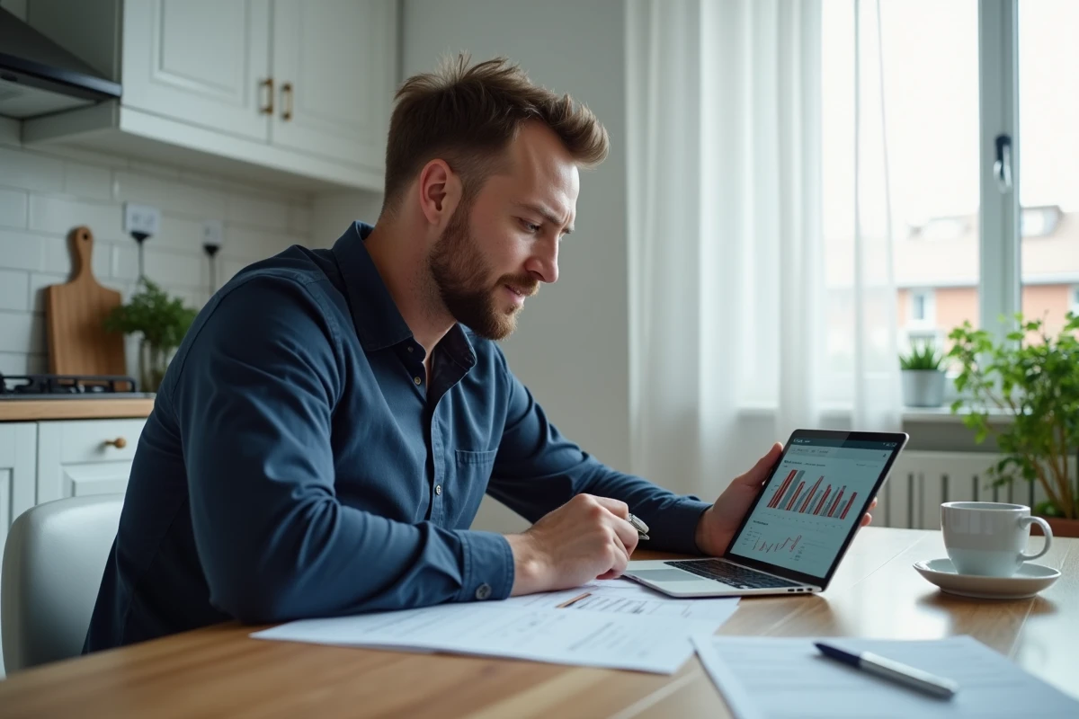 Homme consultant des documents fiscaux et un simulateur d'impôt en ligne sur tablette dans une cuisine moderne