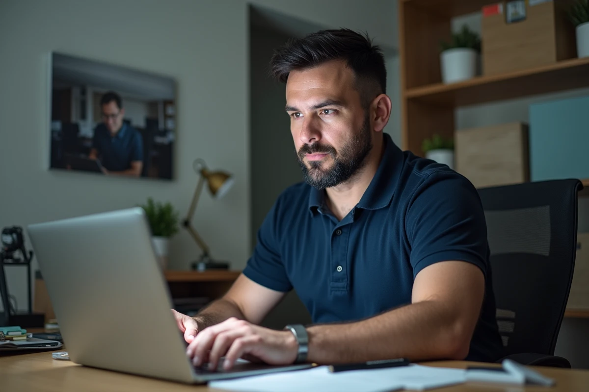 Homme avec un petit salaire remplissant une demande de prêt trésorerie sans justificatif en ligne depuis son domicile