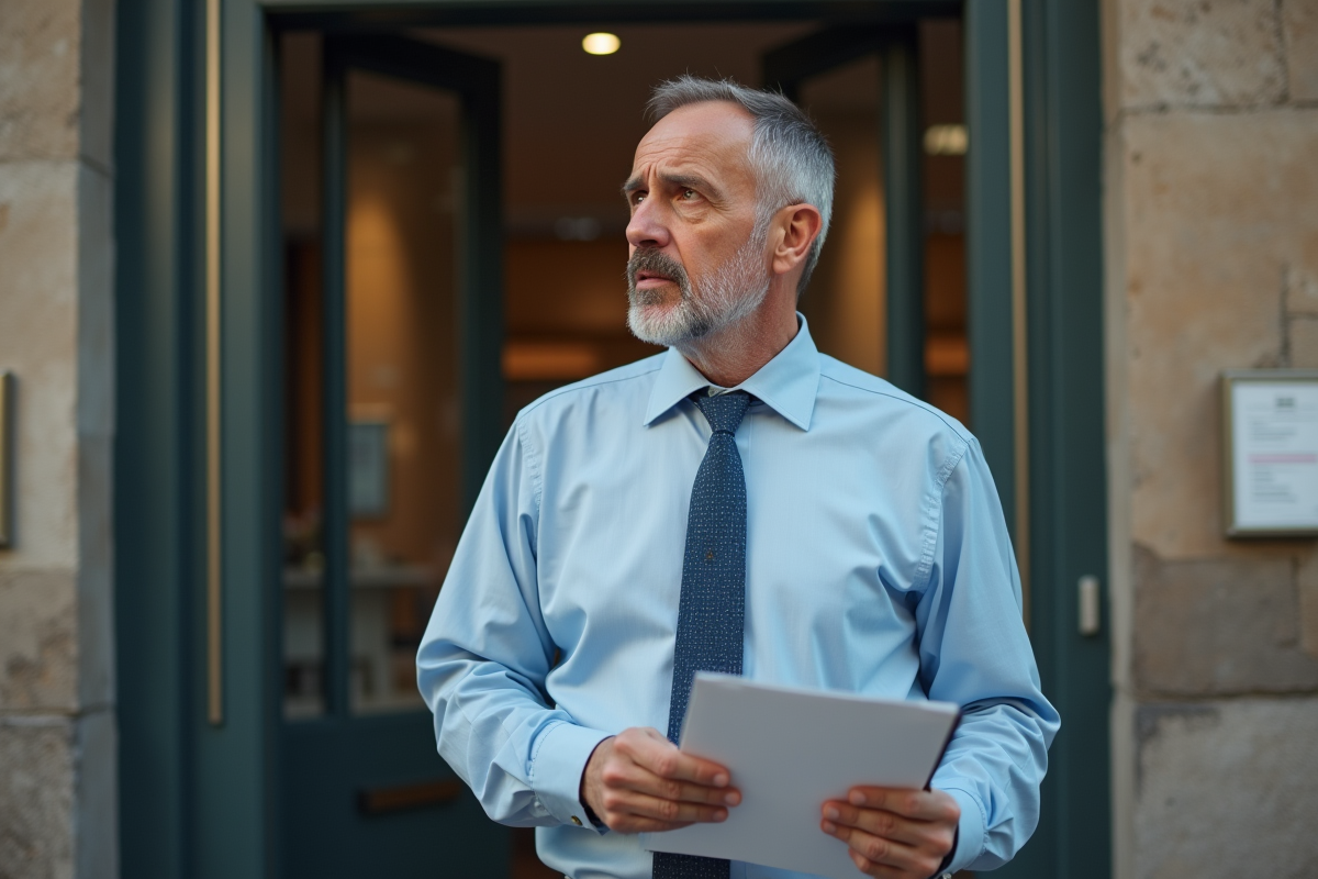 Homme d age devant une banque avec un document financier