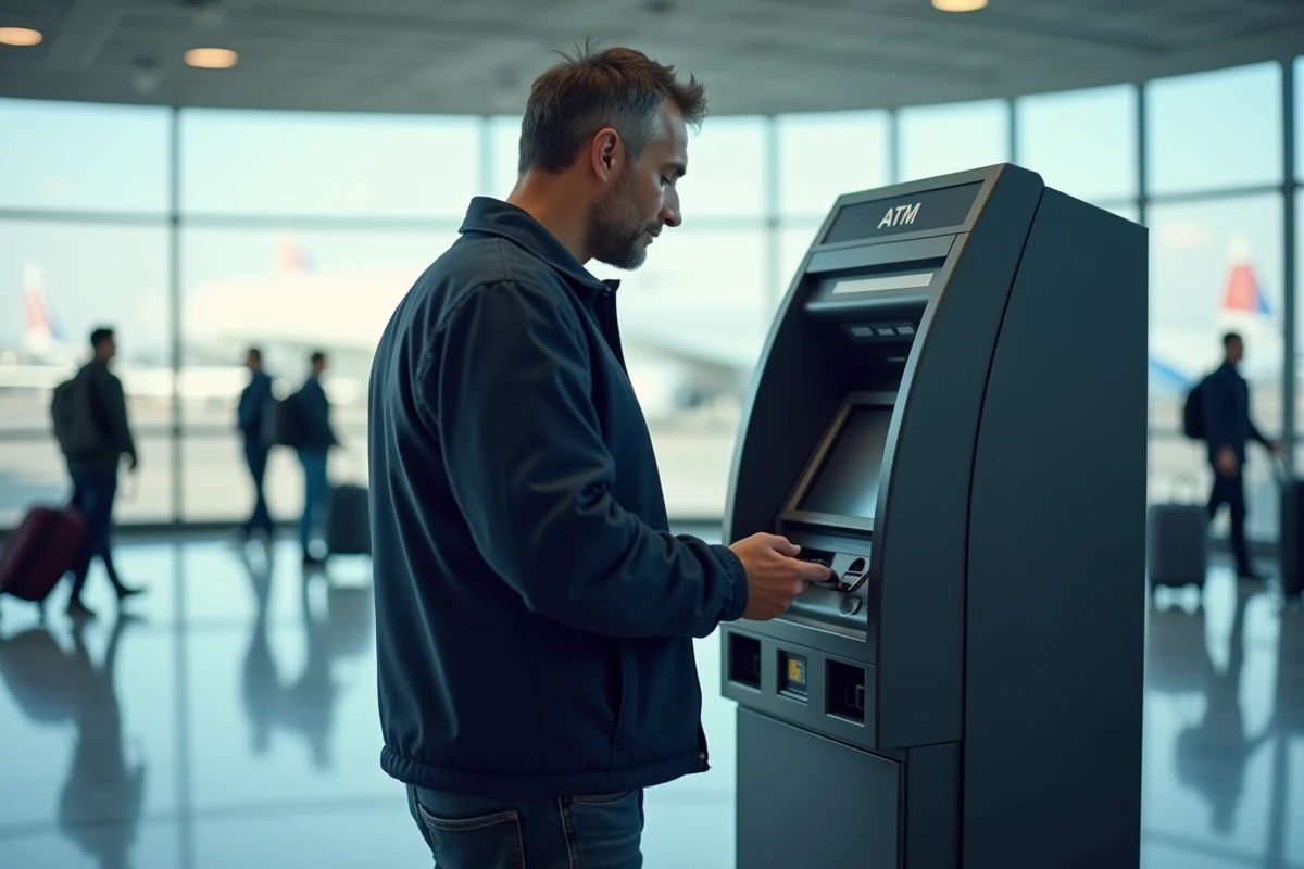 Homme utilisant un distributeur automatique de billets dans un terminal d'aéroport moderne pendant un voyage