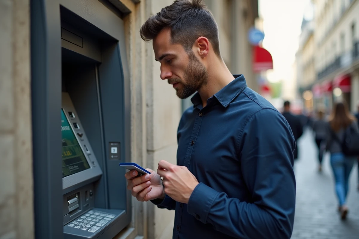 Homme protégeant ses informations bancaires devant un distributeur automatique en ville